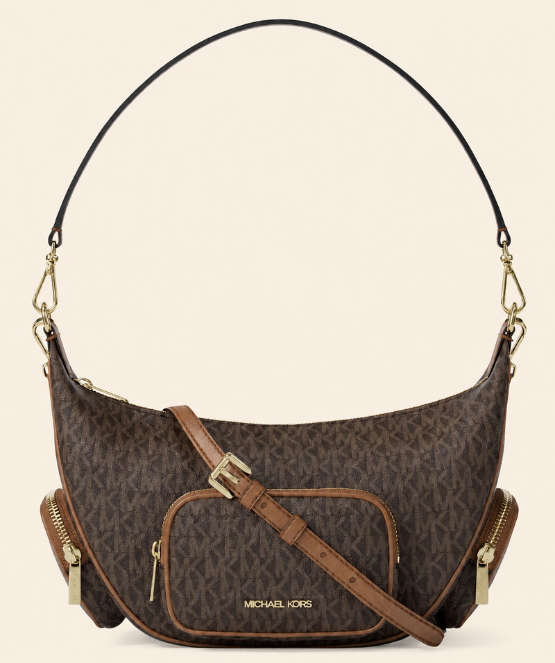 Michael Kors Monogram Multi-Pocket Shoulder Bag – Brown or Black/Gray