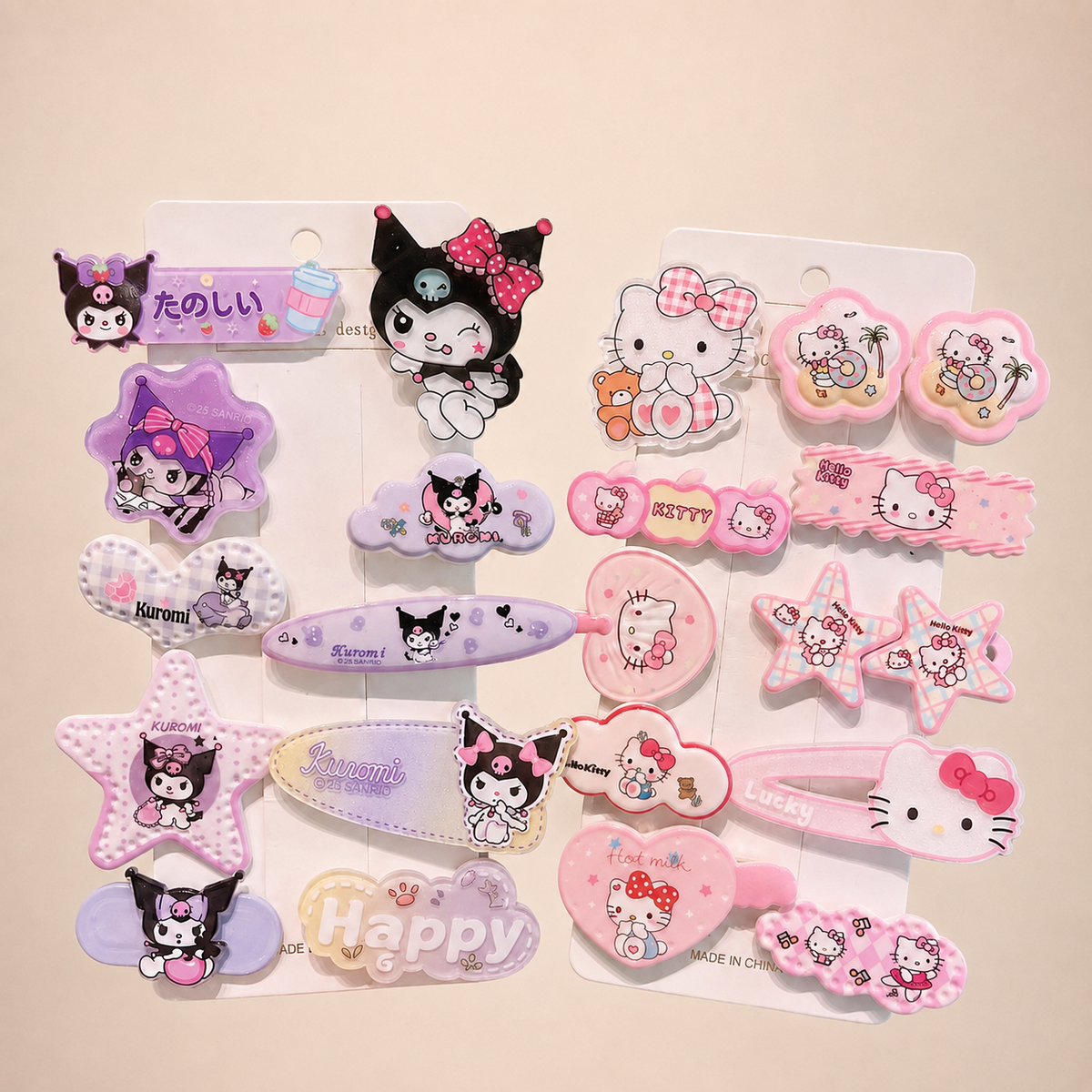 Cute kawaii Hello Kitty hair clip sets in blue and pink with bows, pearls and crystal charms for kids