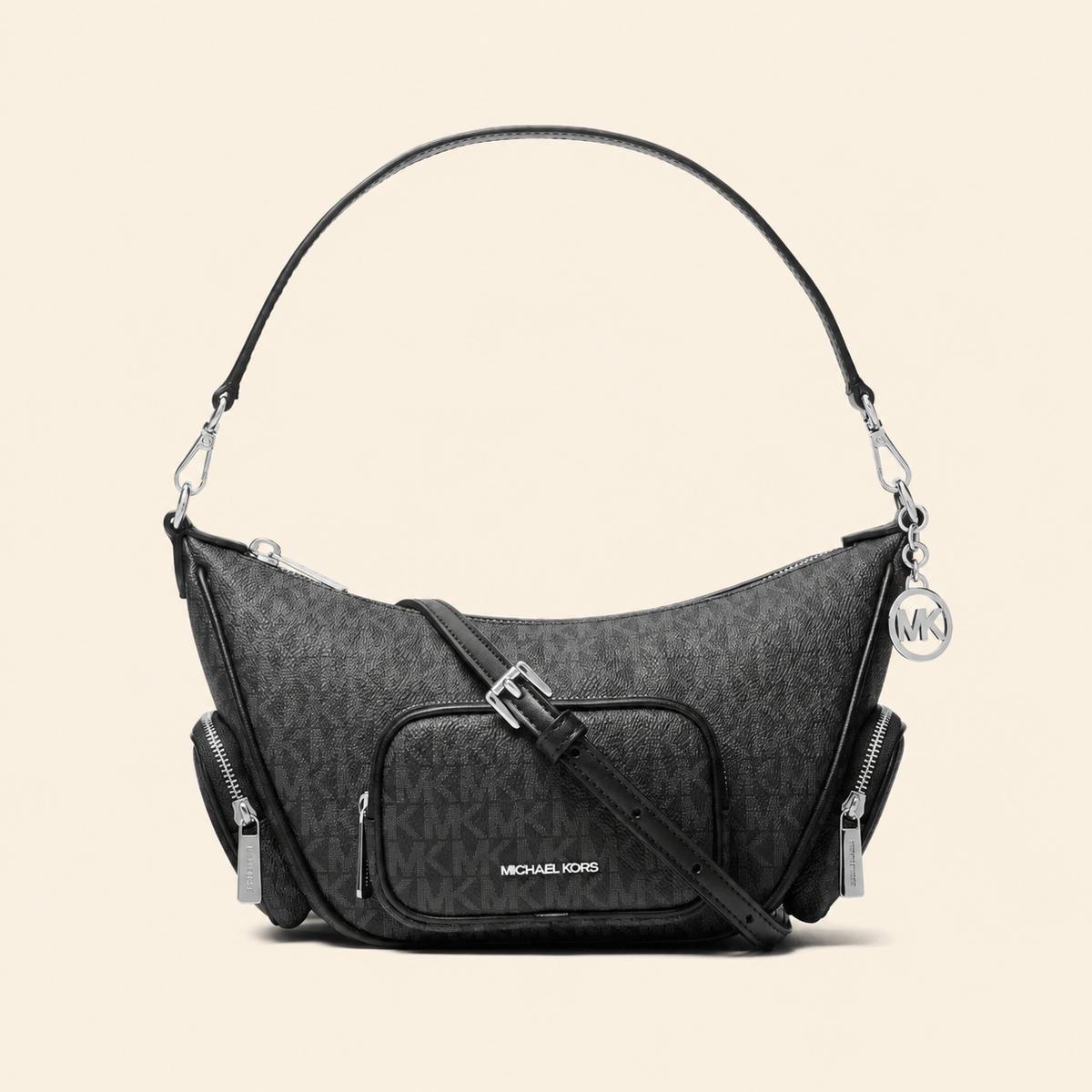 Black denim shoulder bag with gold chain strap and gold square buckle hardware