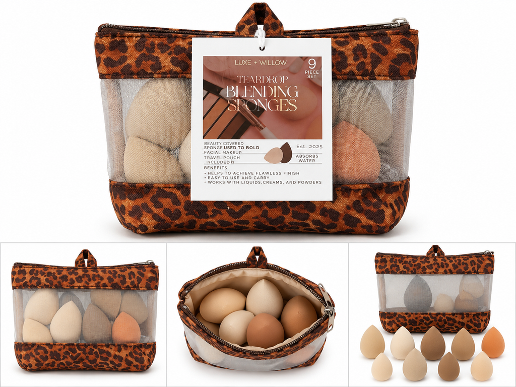 Luxe + Willow 9-Piece Teardrop Makeup Blending Sponge Set with Mesh Travel Bag