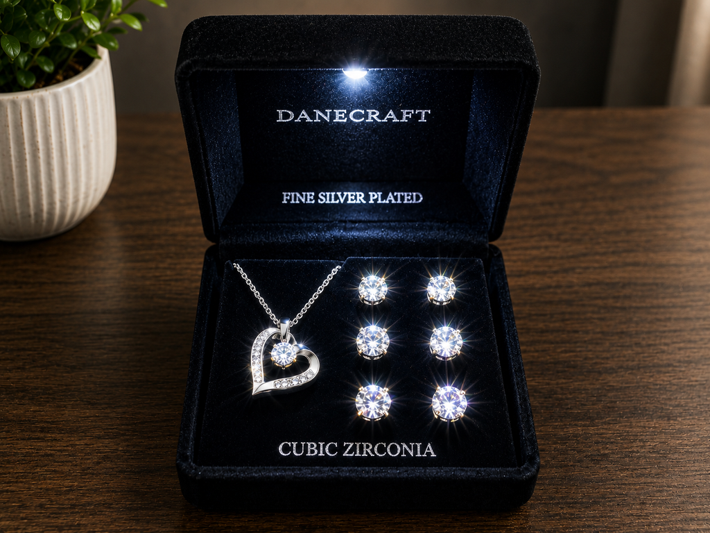 Danecraft Fine Silver Plated Heart Necklace and Earrings Jewelry Set