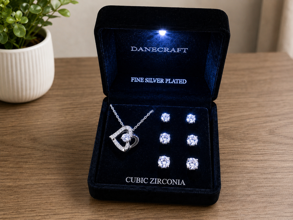 Danecraft Fine Silver Plated Heart Necklace and Earrings Jewelry Set
