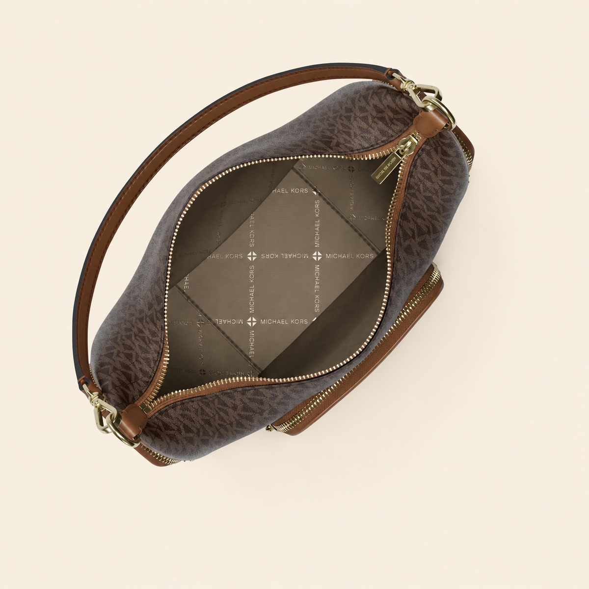 Michael Kors Monogram Multi-Pocket Shoulder Bag – Brown or Black/Gray