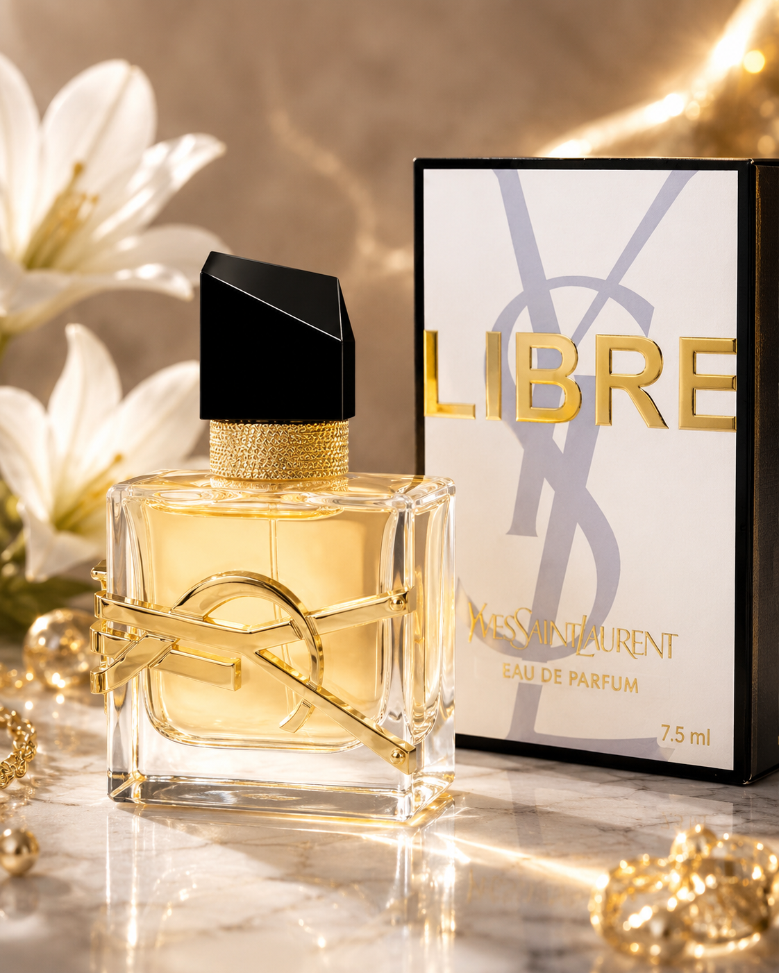 YSL Libre Eau de Parfum 7.5ml mini bottle and box on marble
