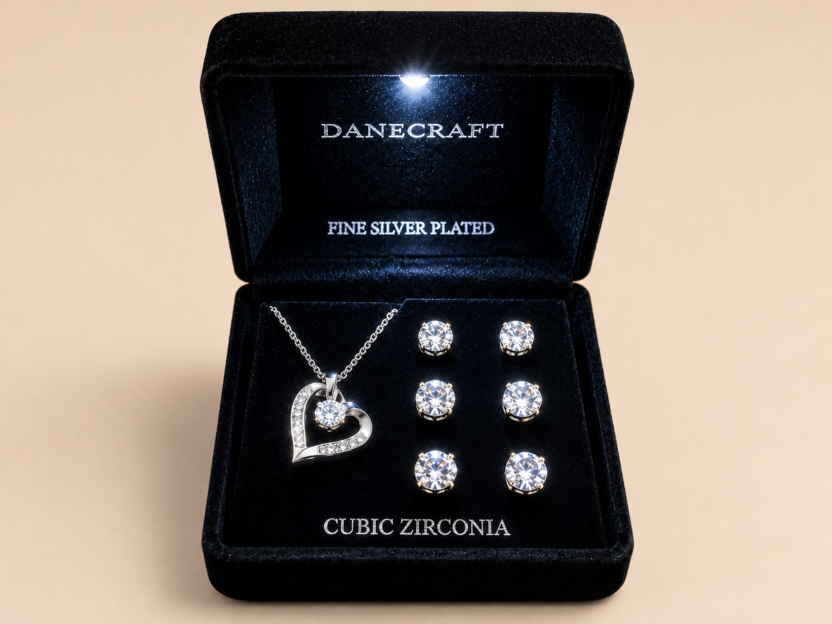 Danecraft Fine Silver Plated Heart Necklace and Earrings Jewelry Set