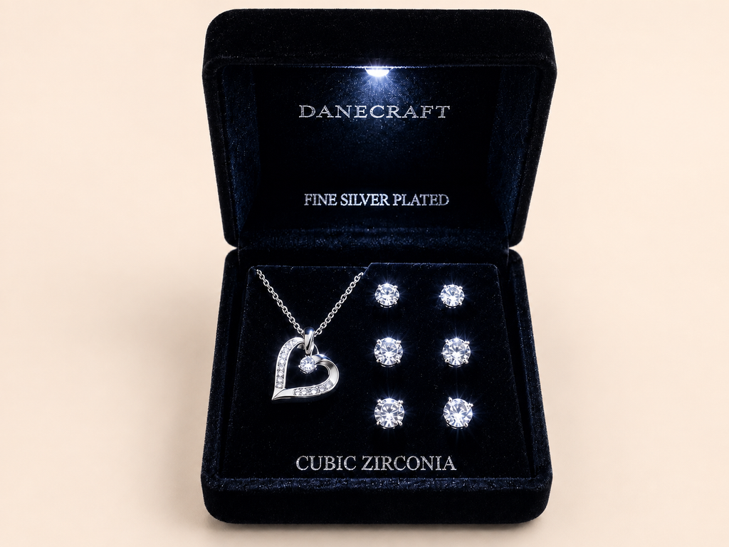 Danecraft Fine Silver Plated Heart Necklace and Earrings Jewelry Set
