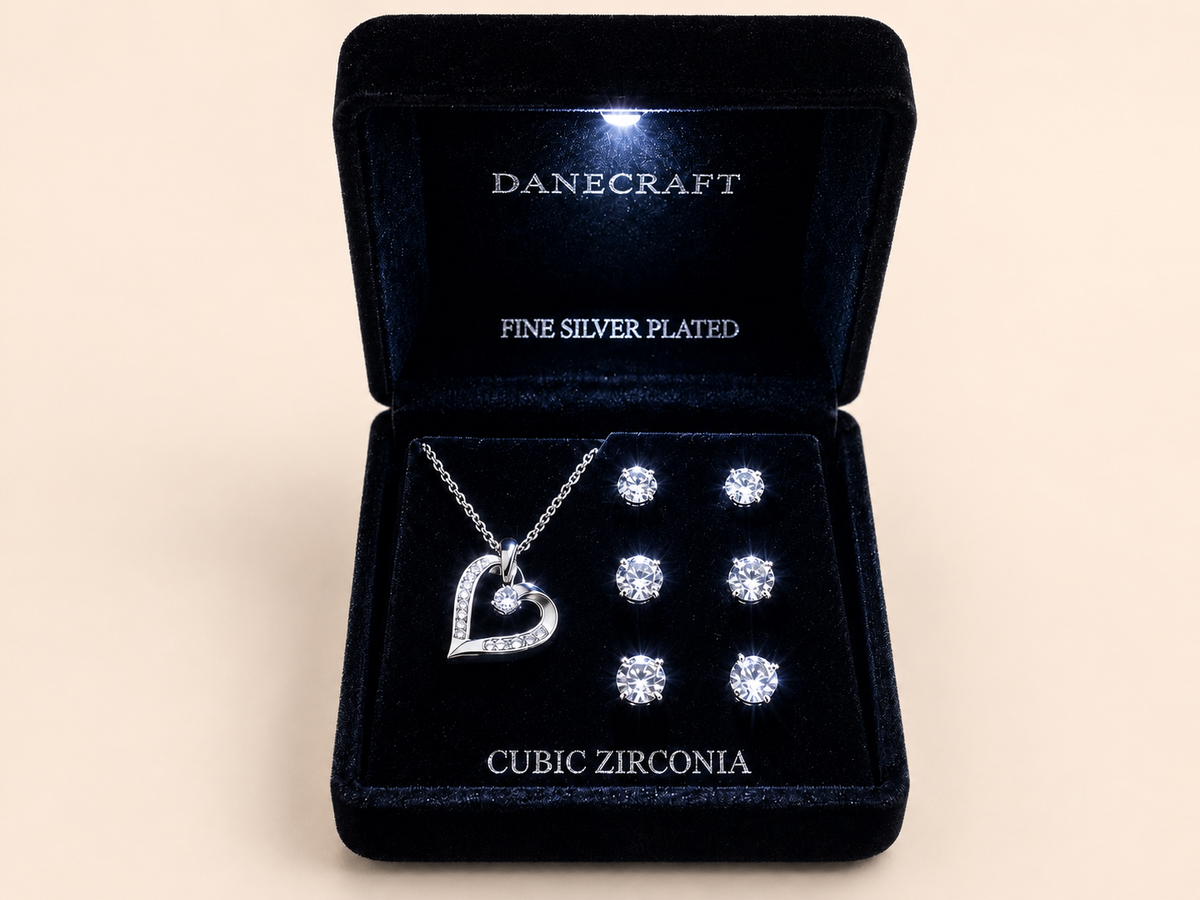 Danecraft Fine Silver Plated Heart Necklace and Earrings Jewelry Set