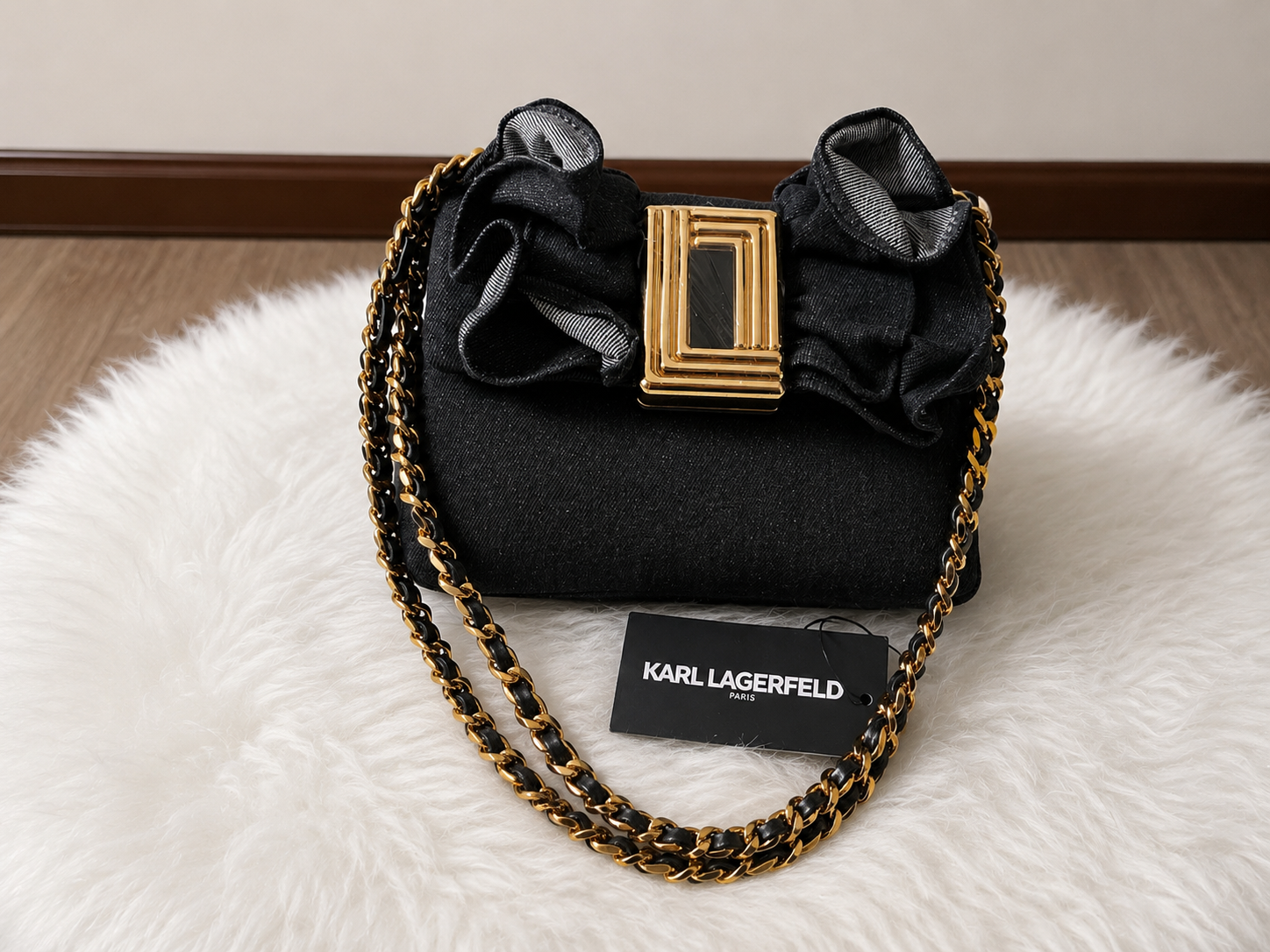 Karl Lagerfeld Black Ruffle Chain Shoulder Bag