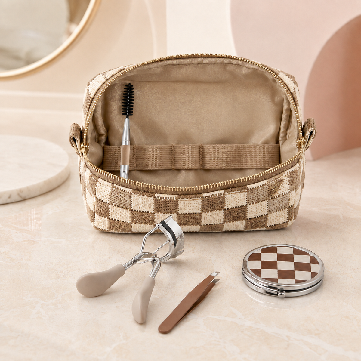 4-Piece Travel Eye Grooming Set with Checkered Cosmetic Pouch