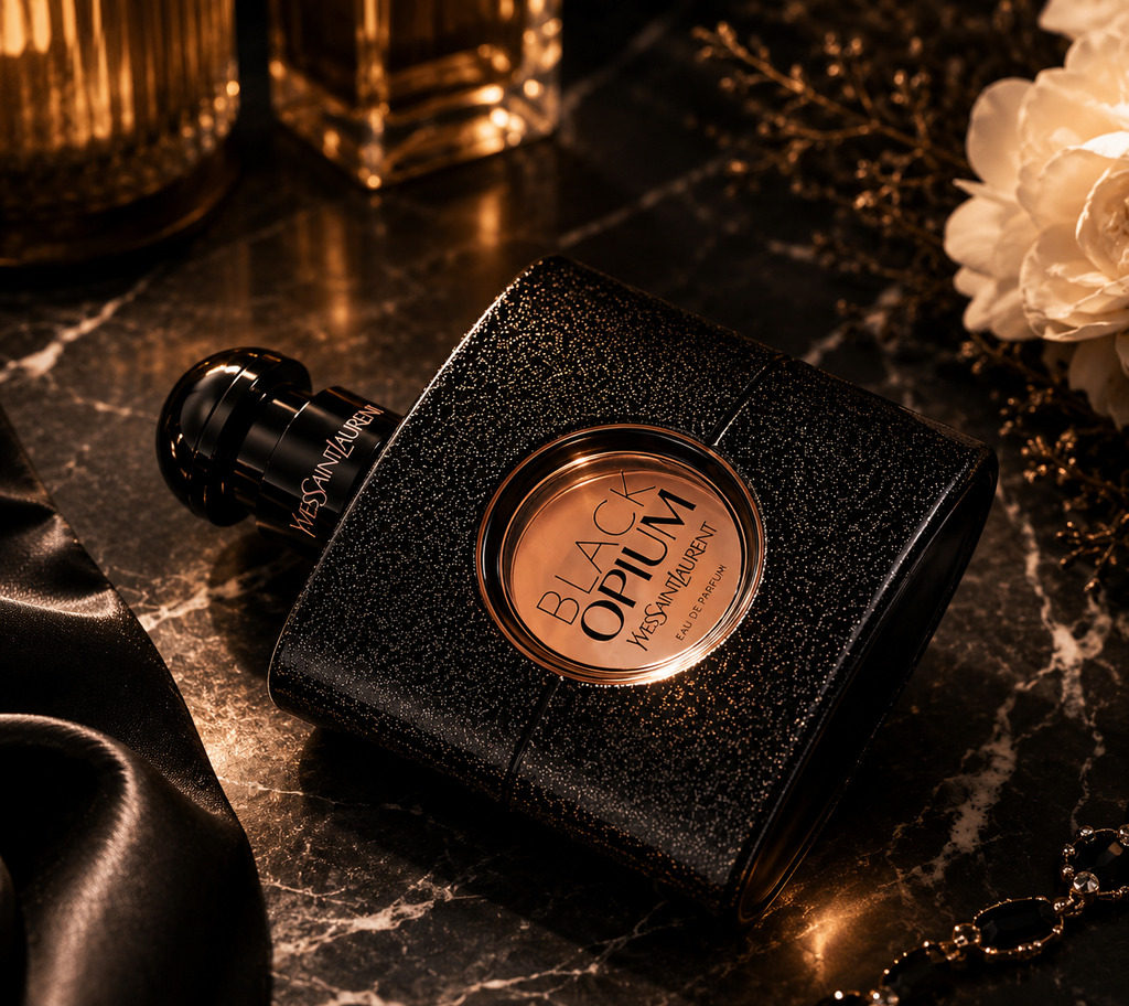 YSL Black Opium Eau de Parfum 7.5ml mini bottle on marble