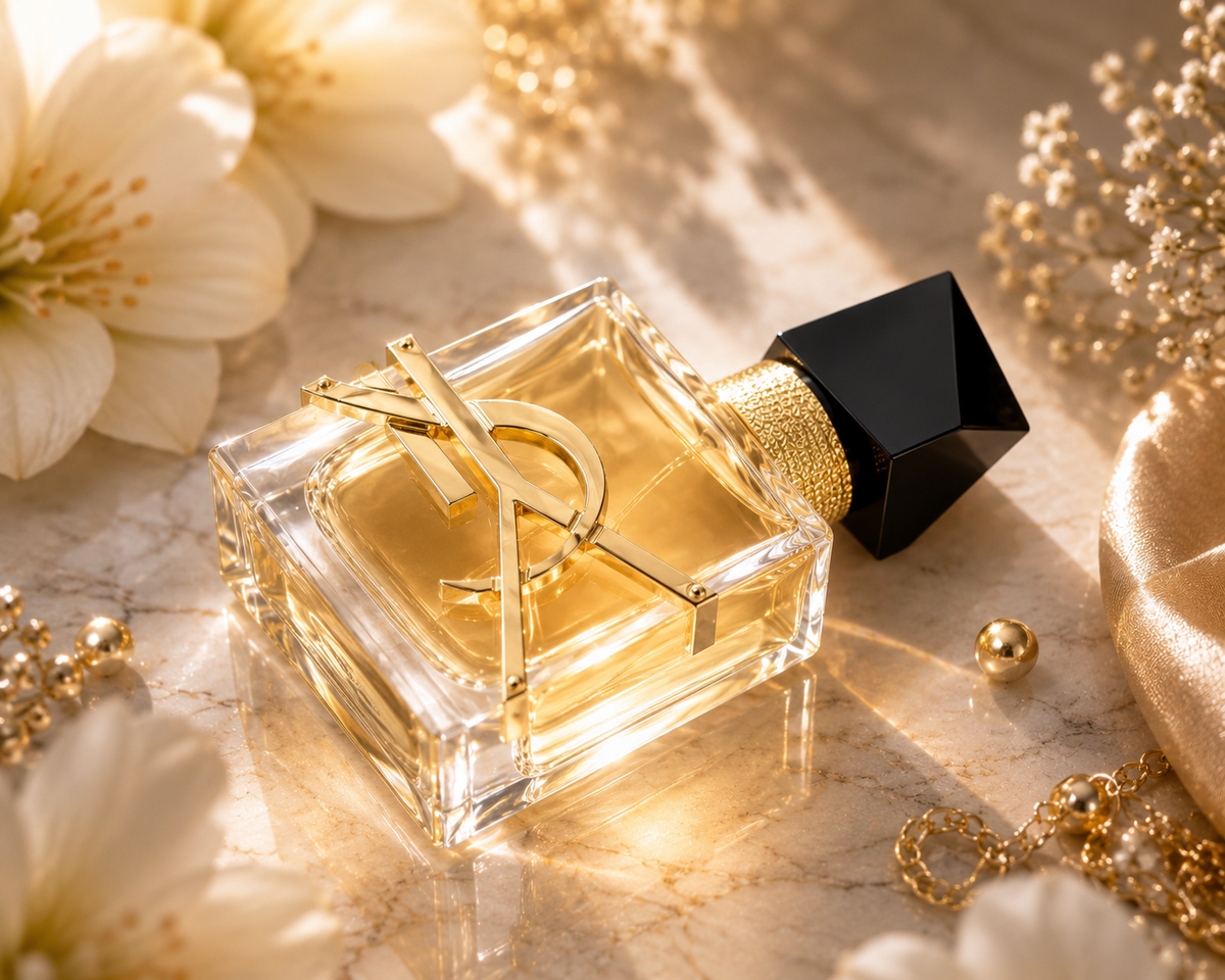 YSL Libre Eau de Parfum 7.5ml mini bottle with gold chain and pearls