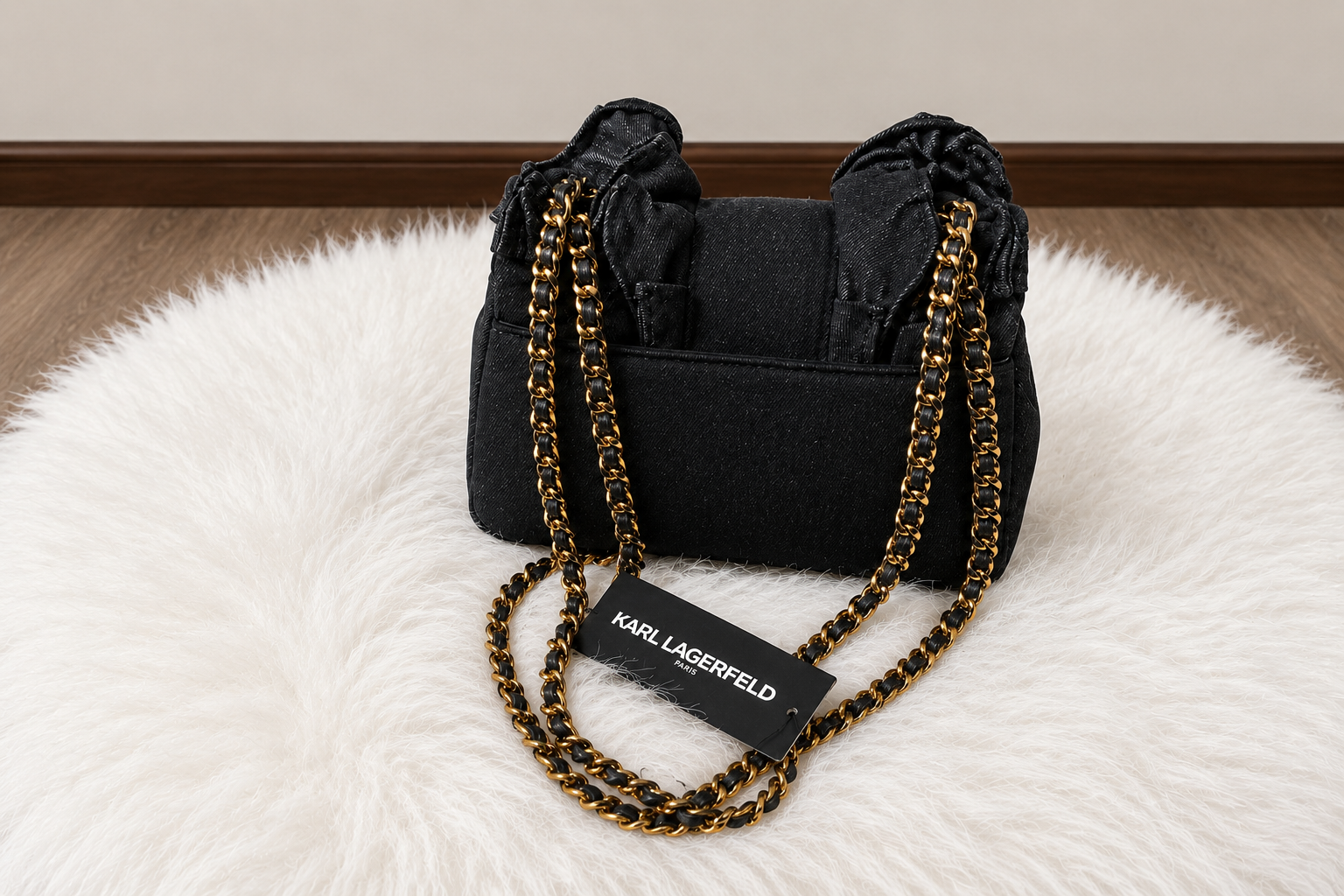 Karl Lagerfeld Black Ruffle Chain Shoulder Bag