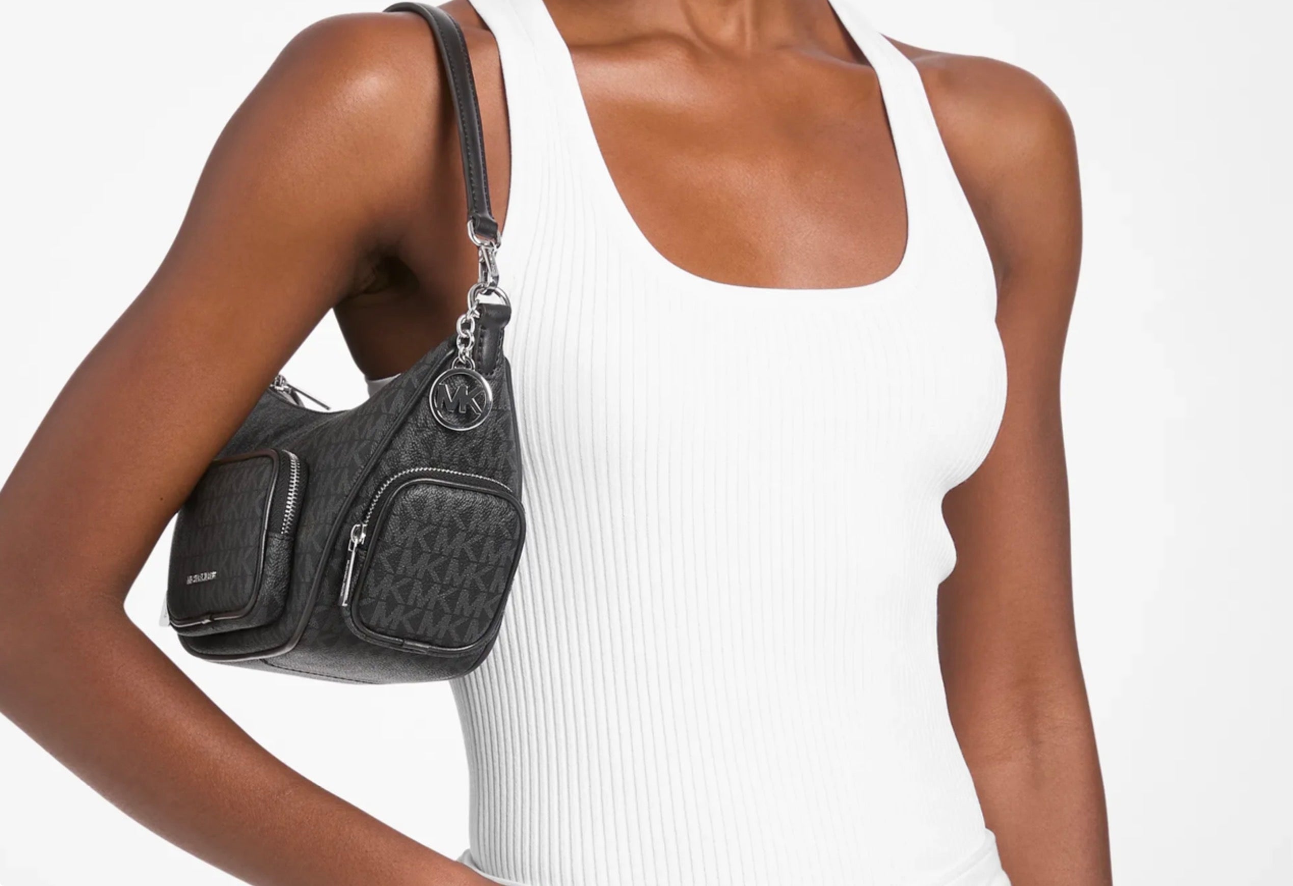 Michael Kors Monogram Multi-Pocket Shoulder Bag – Brown or Black/Gray